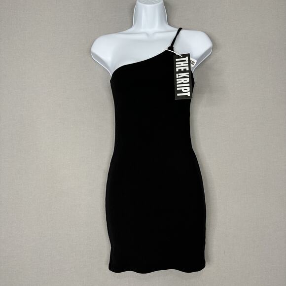 The Kript Dress Womens Medium Black One Shoulder Bodycon Mini Ribbed Clubwear - Picture 1 of 11